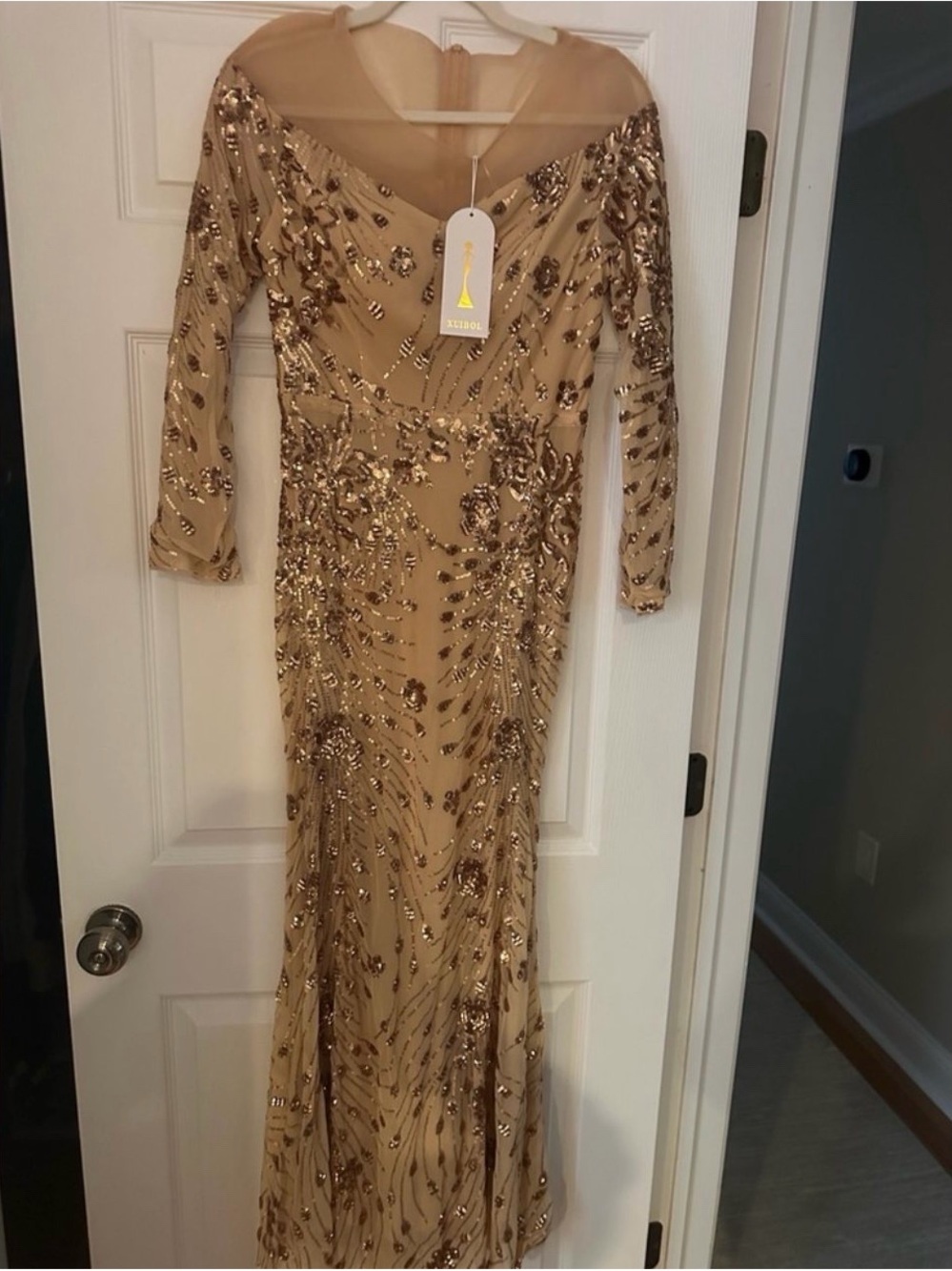Elegant Sequin Embellished Long Sleeve Evening Gown - Champagne